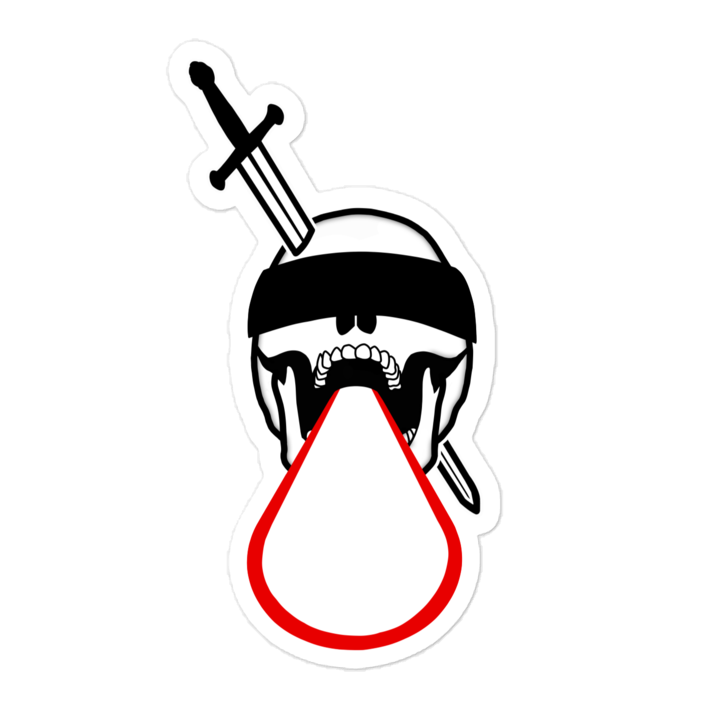 Sticker design with a skull with a sword in it spitting a red laser, on a white background.