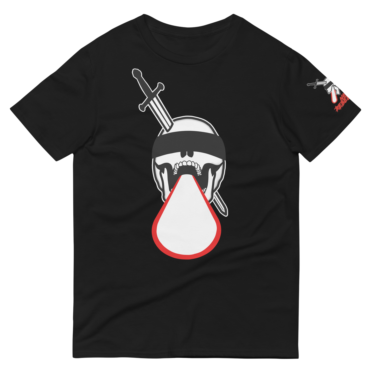 Black t-shirt with a graphic design of the NeoRebellion logo skull with a sword in it and a red laser appearing from its mouth
