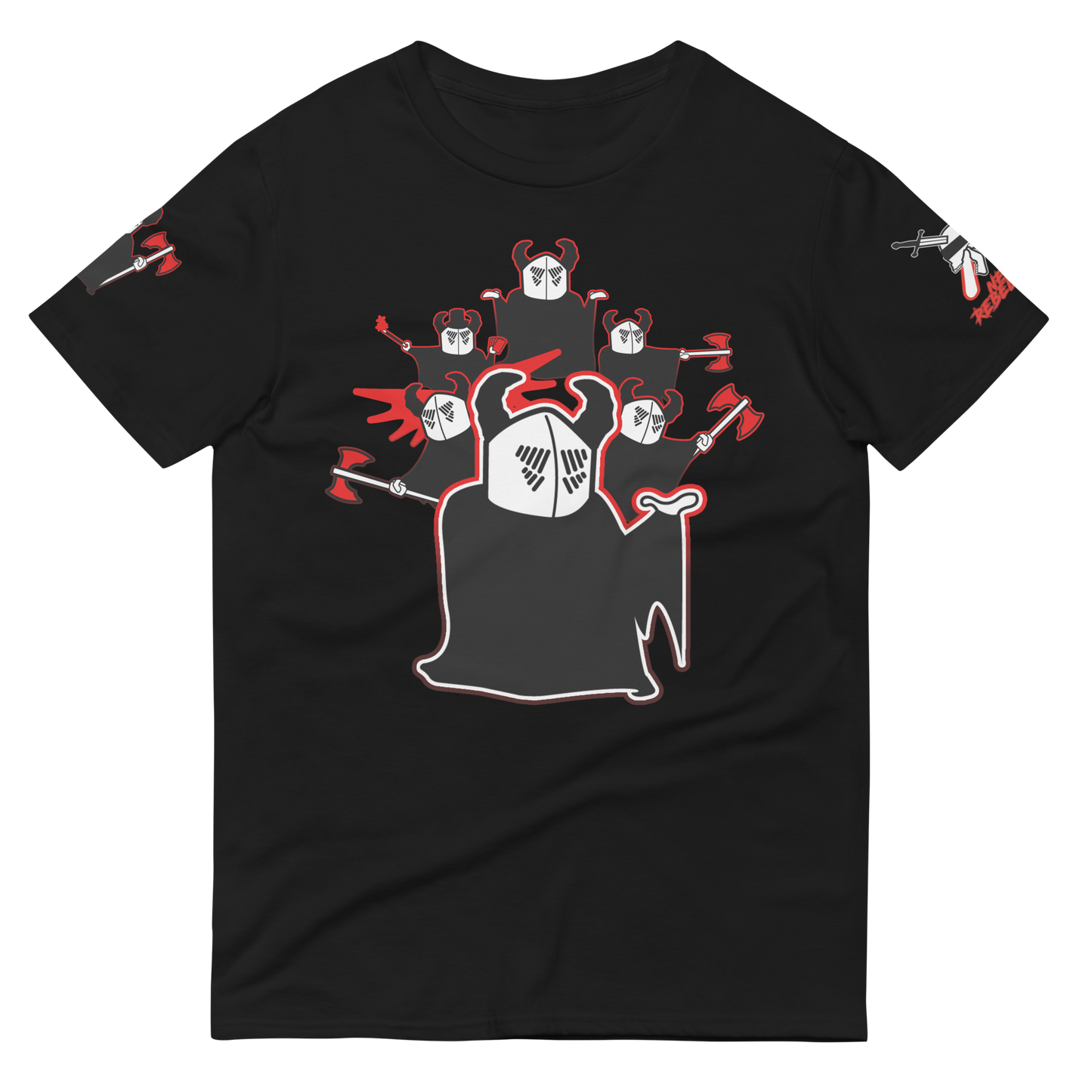 Black t-shirt with a graphic design of Neorebellion mascot Rob in a collage style on a black background