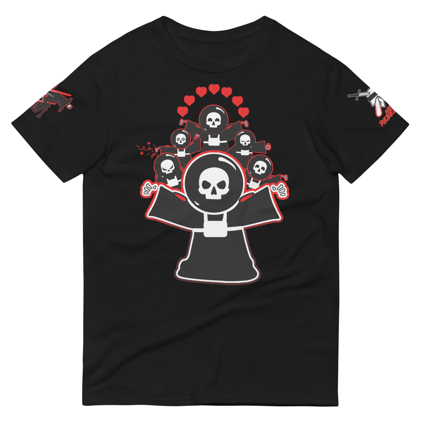 Black t-shirt with a graphic design featuring NeoRebellion mascot Rob in a collage on a black background