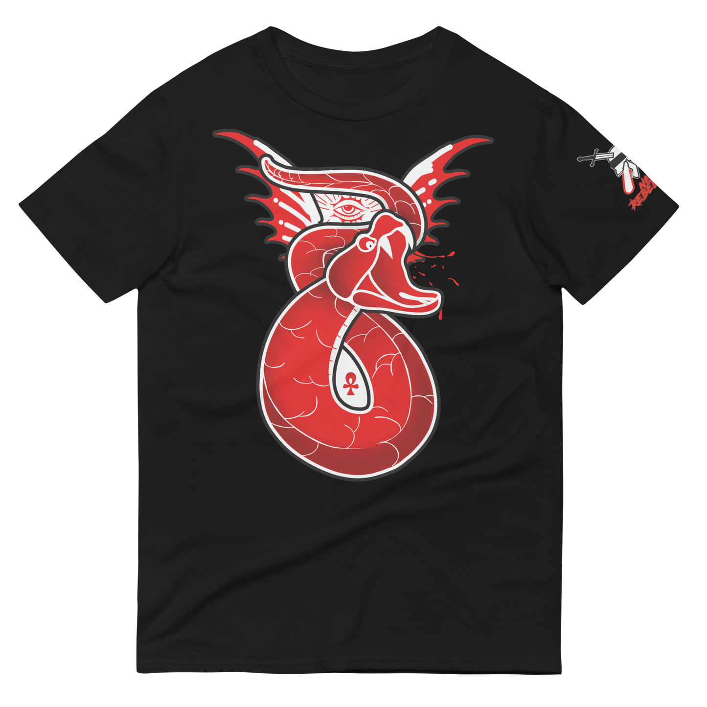 Black t-shirt with a red and white serpent design