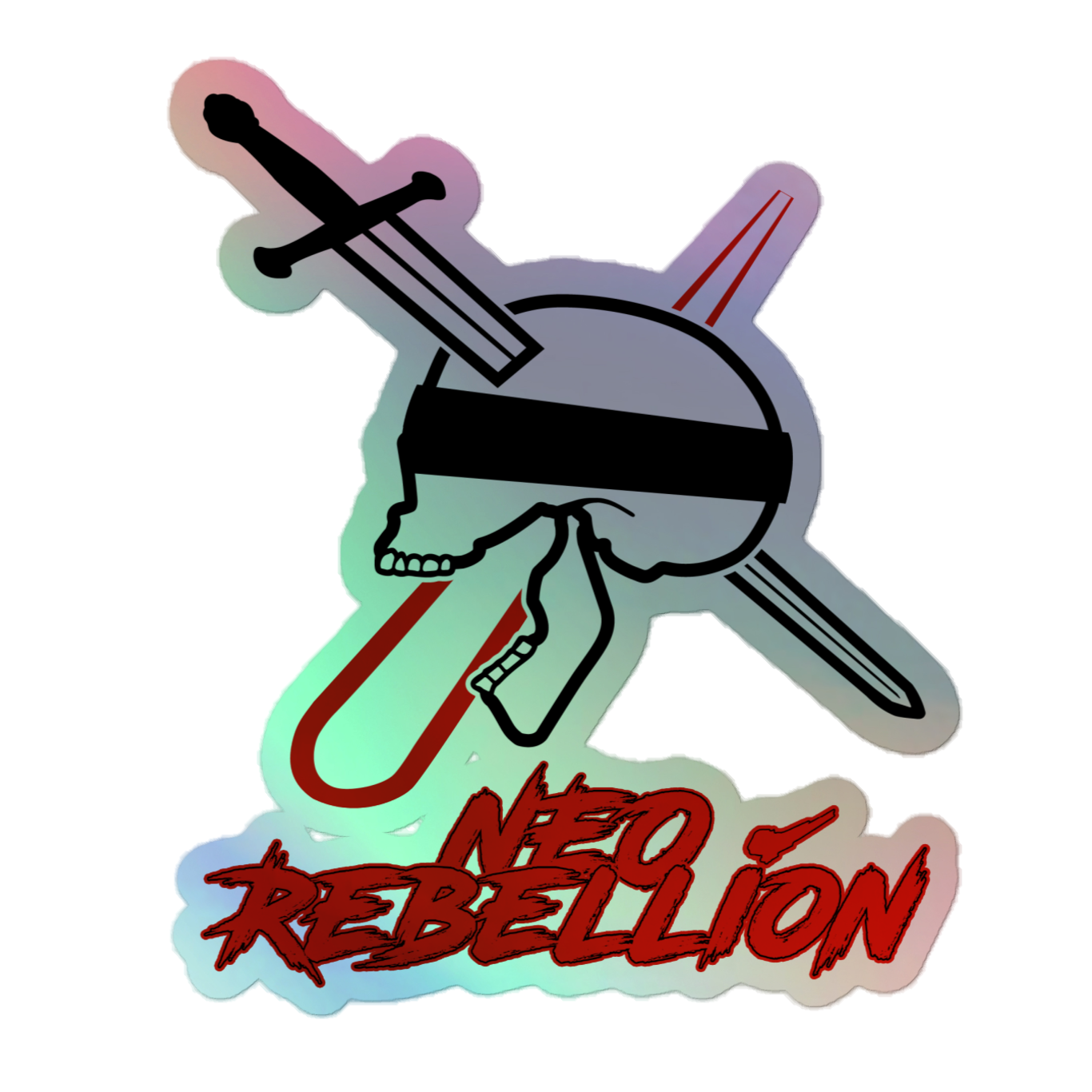 Sticker with a skull, sword, laser and 'Neo Rebellion' text on a white background
