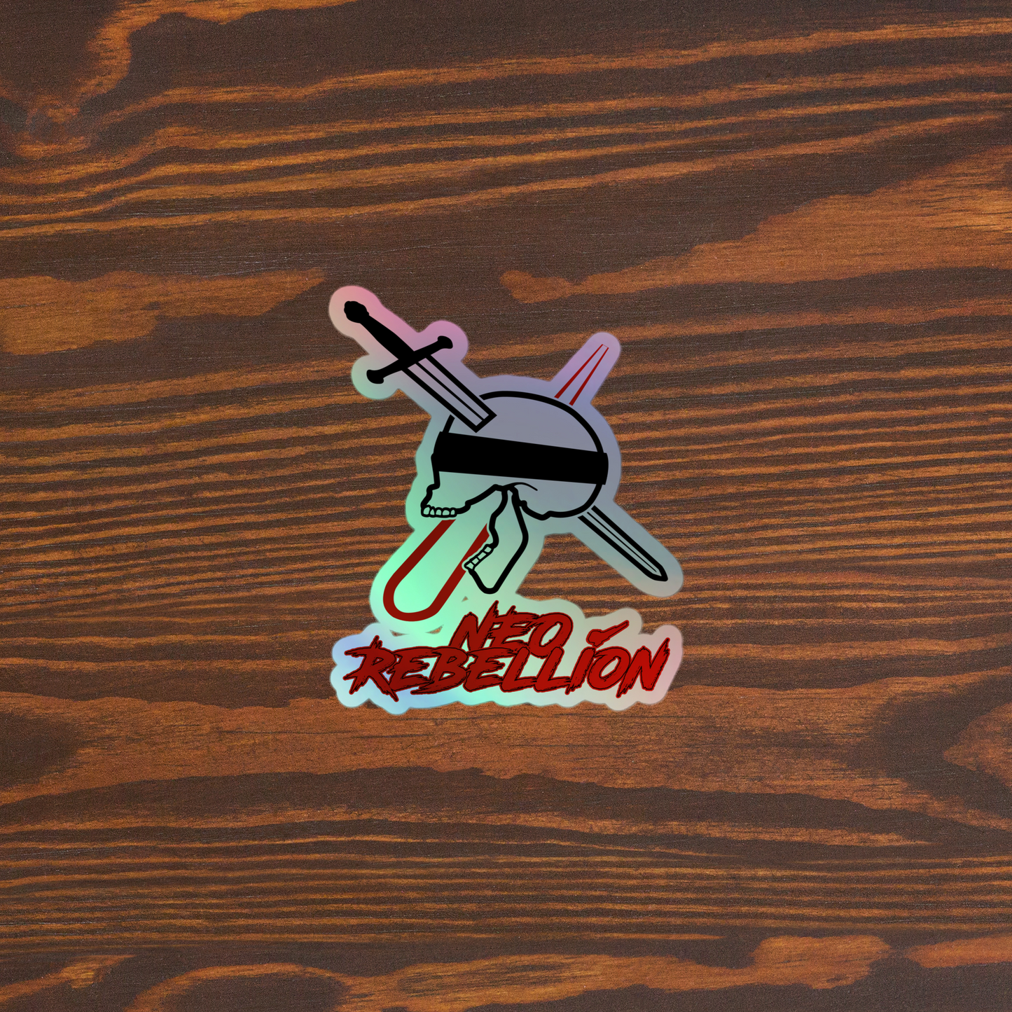 Sticker with a skull, sword, laser and 'Neo Rebellion' text on a white background with a design on a wooden surface