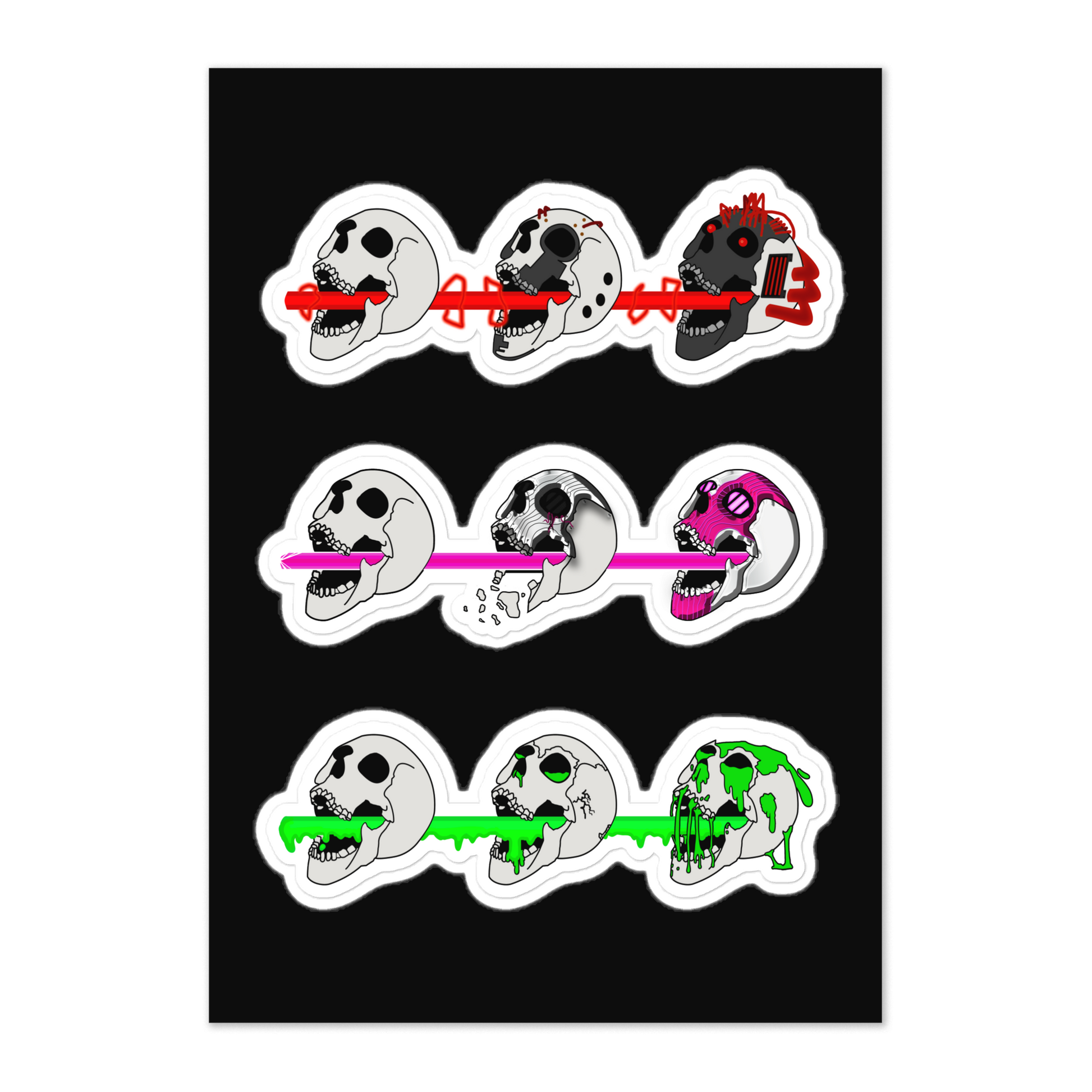 Set of three sticker designs featuring cyberpunk and horror themed skulls shooting different colored lasers on a black background