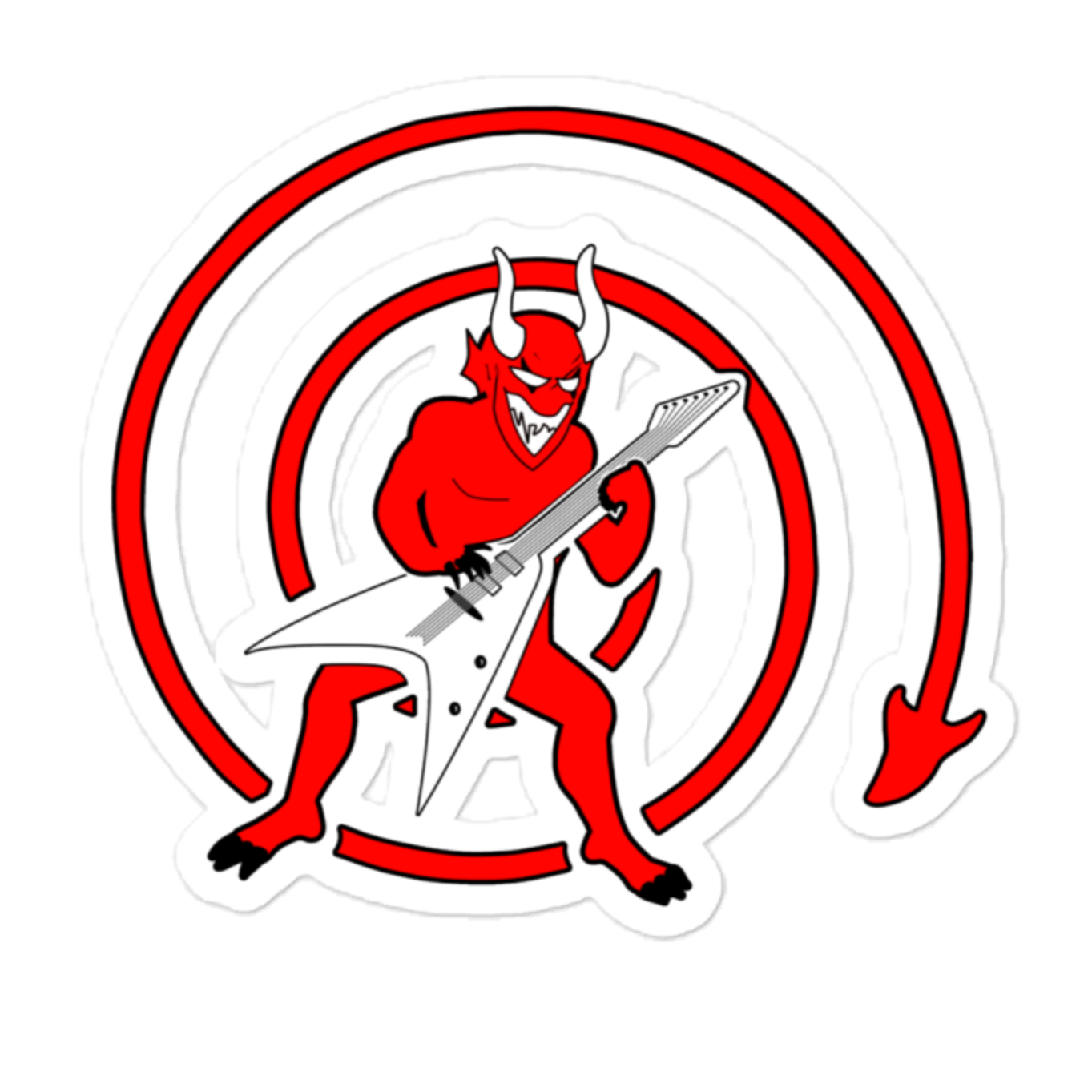 A sticker depicting a cartoonish red devil playing a guitar, with a predominantly red and white color scheme.