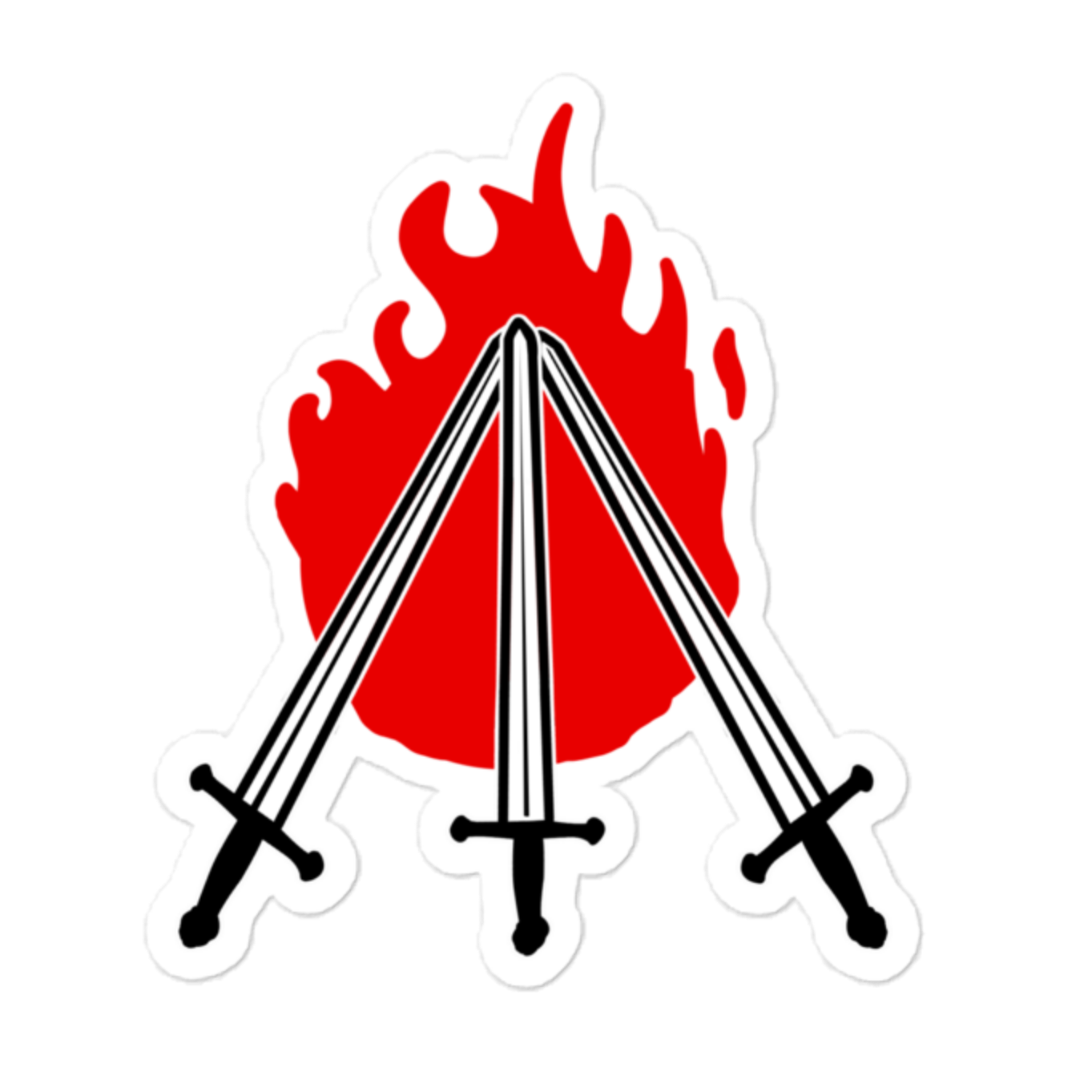 Three crossed swords in front of a red flame on a white background