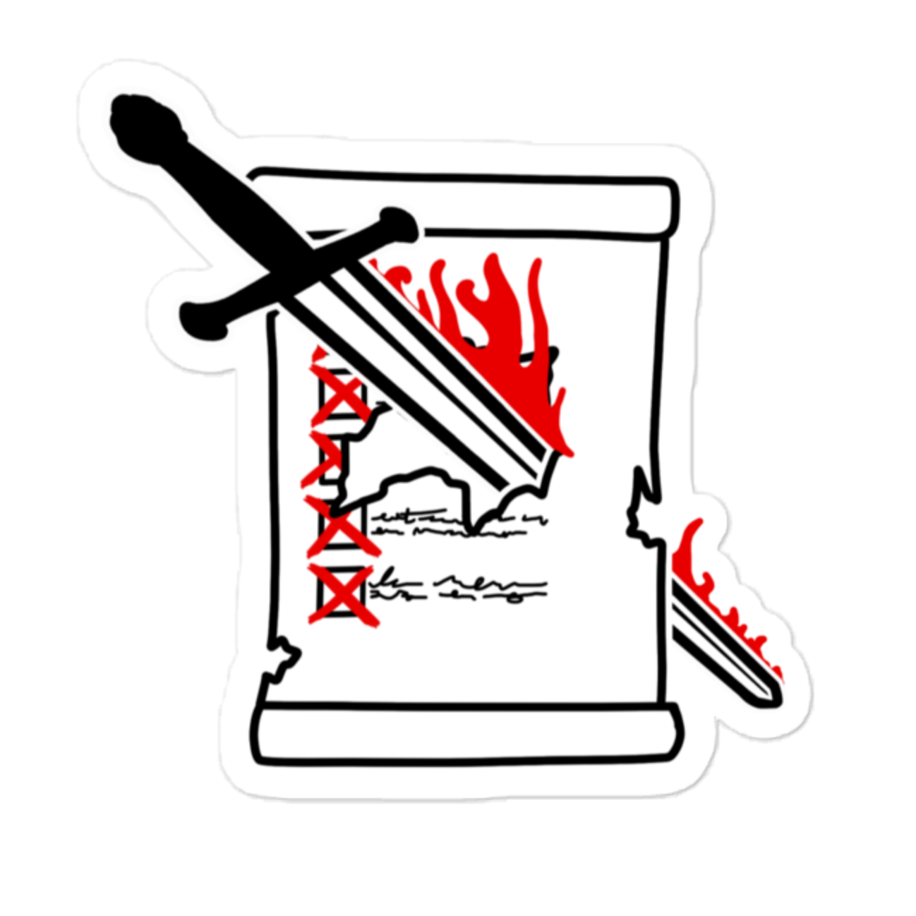 Illustration of a flaming scroll with a sword piercing a checklist