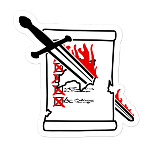 Illustration of a flaming scroll with a sword piercing a checklist