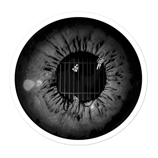 Close-up of a human eye with a cage inside the iris containing the grim reaper