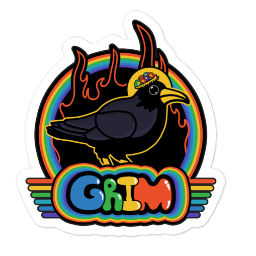 Sticker with a black bird, rainbow colors, and the word 'GRIM' on a white background