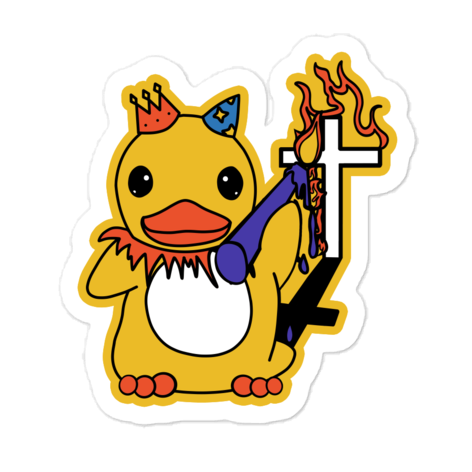 Colorful sticker of a cartoon duck with a flaming candle in front of a cross grave on a white background