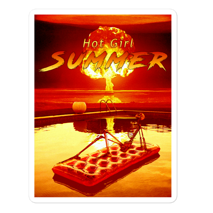 Surreal sticker with a pool, inflatable raft, skeleton and nuclear explosion with 'Hot Girl Summer' text.