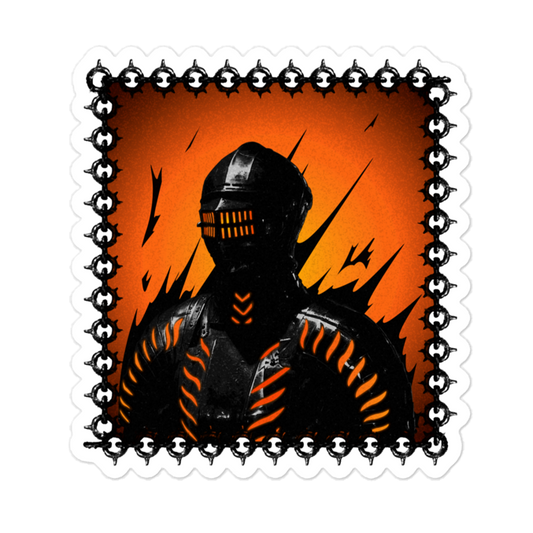 Stylized sticker of a knight in a helmet and armor with orange accents on a decorative border.