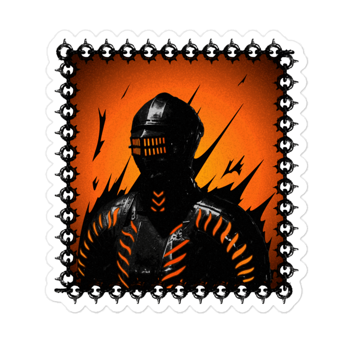 Illustration of a character in a helmet and armor with an orange background, framed by decorative elements.