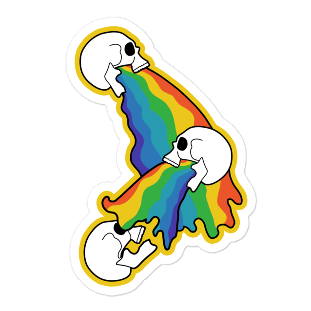 Sticker with skeletons vomiting rainbows on each other on a white background