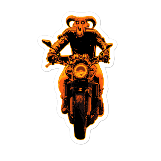 Sticker of heavy metal speed demon riding a motorcycle with a glowing orange outline on a white background
