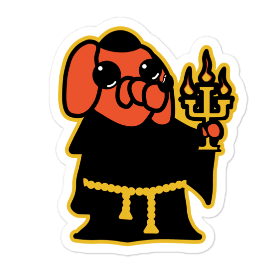 Orange cartoon dog, black robe, and holding a candelabra on a white background