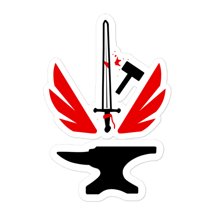 Design with a sword, hammer, and anvil on a white background