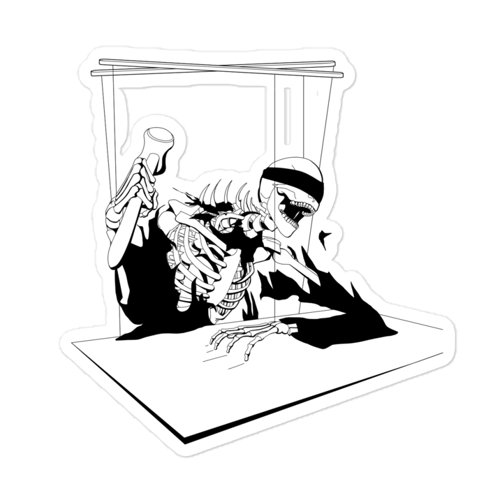 Black and white illustration of a skeleton banging a gavel with a blindfold on its head on puppet strings