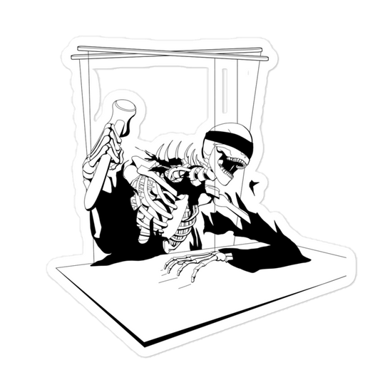 Black and white illustration of a skeleton banging a gavel with a blindfold on its head on puppet strings