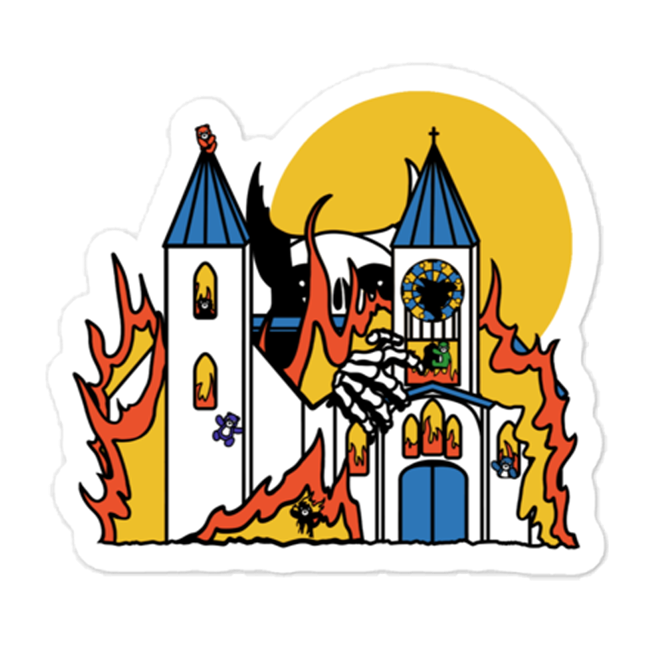 A silly sticker with a colorful illustration of a giant monster attacking a flaming church full of teddy bears