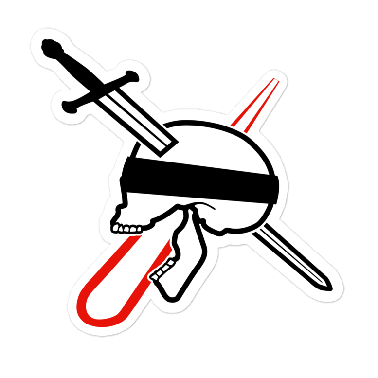 Red, black, and white NeoRebellion logo of a skull blindfolded with a sword and laser going through it with no text
