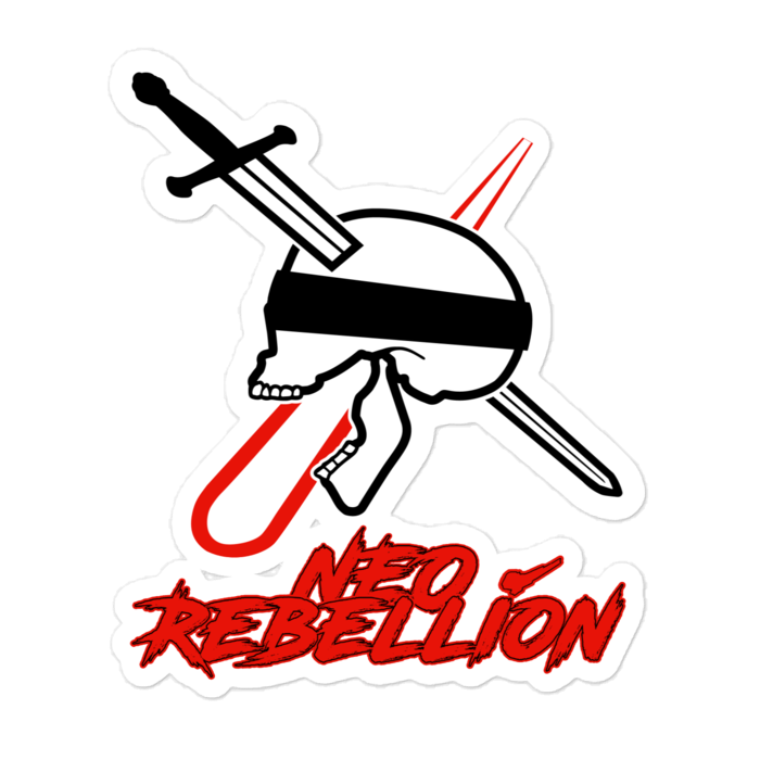Sticker with a skull, laser, and sword and 'NeoRebellon' text on a white background