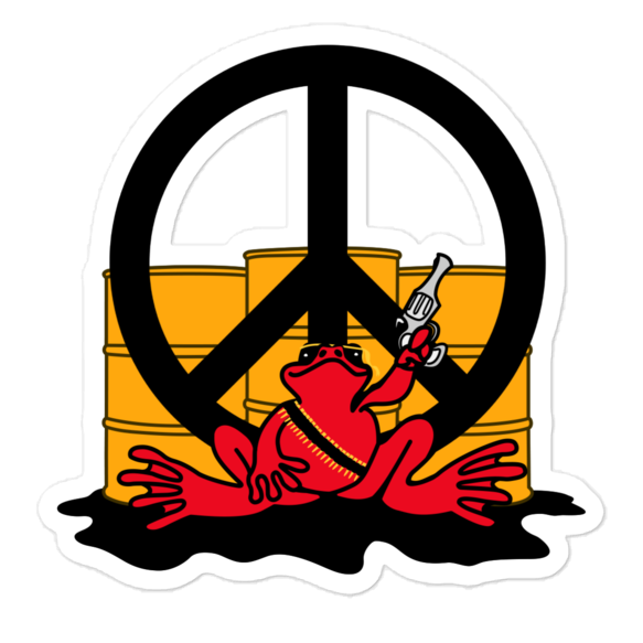 Peace symbol with a red frog holding a gun and oil barrels, on a white background