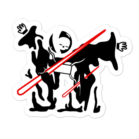 Sticker with neorebellion mascot rob being pierced by a red laser on a white background