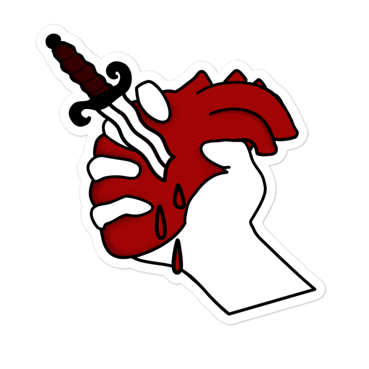 Illustration of a hand holding a dagger with blood dripping, on a white background