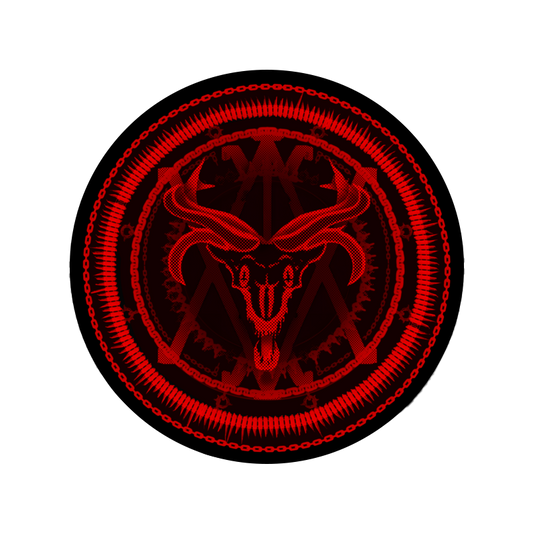 Circular logo with a red and black design on a white background