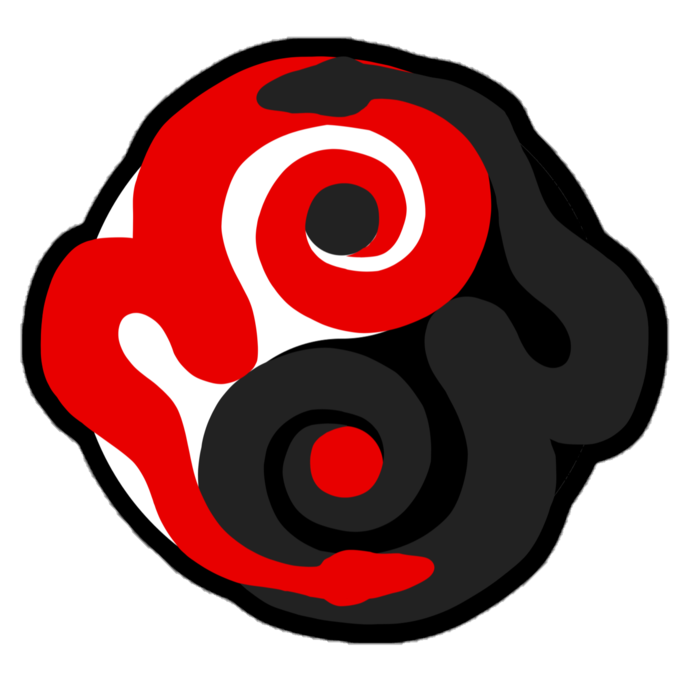 Logo with red and black circular design on a white background
