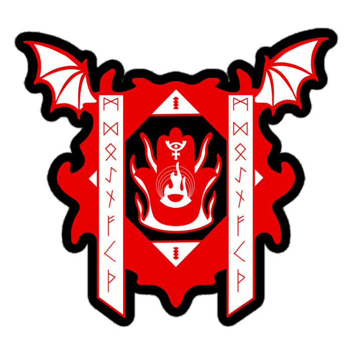 Red and black emblem with wings on a black background