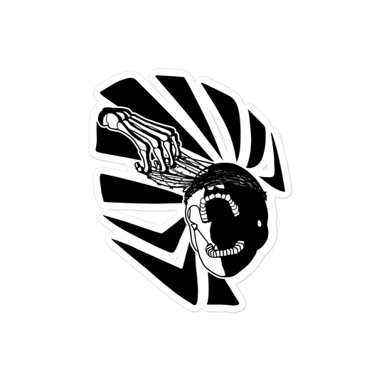 Black and white graphic of a skeleton with a sunburst pattern