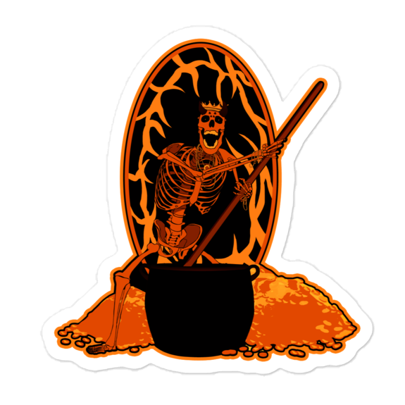 Skeletal figure with a staff and cauldron on an orange and black background
