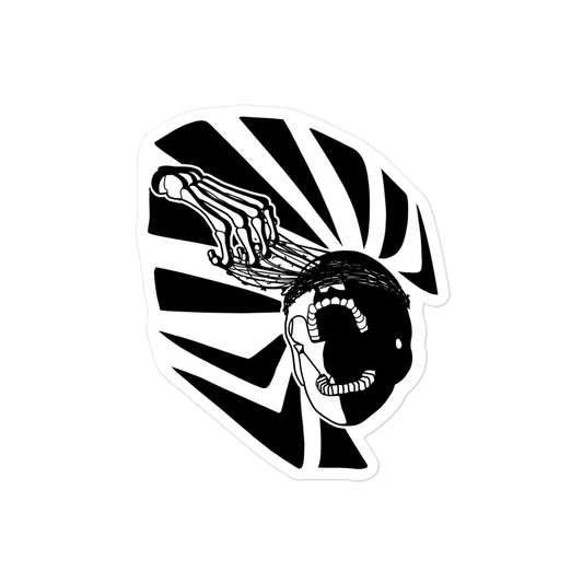 Black and white graphic of a skeleton hand reaching upwards to pull thorns from his face in front of a sharp pattern in the background.