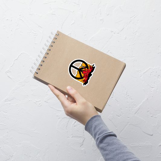 Hand holding a spiral-bound notebook with a logo on a light gray background