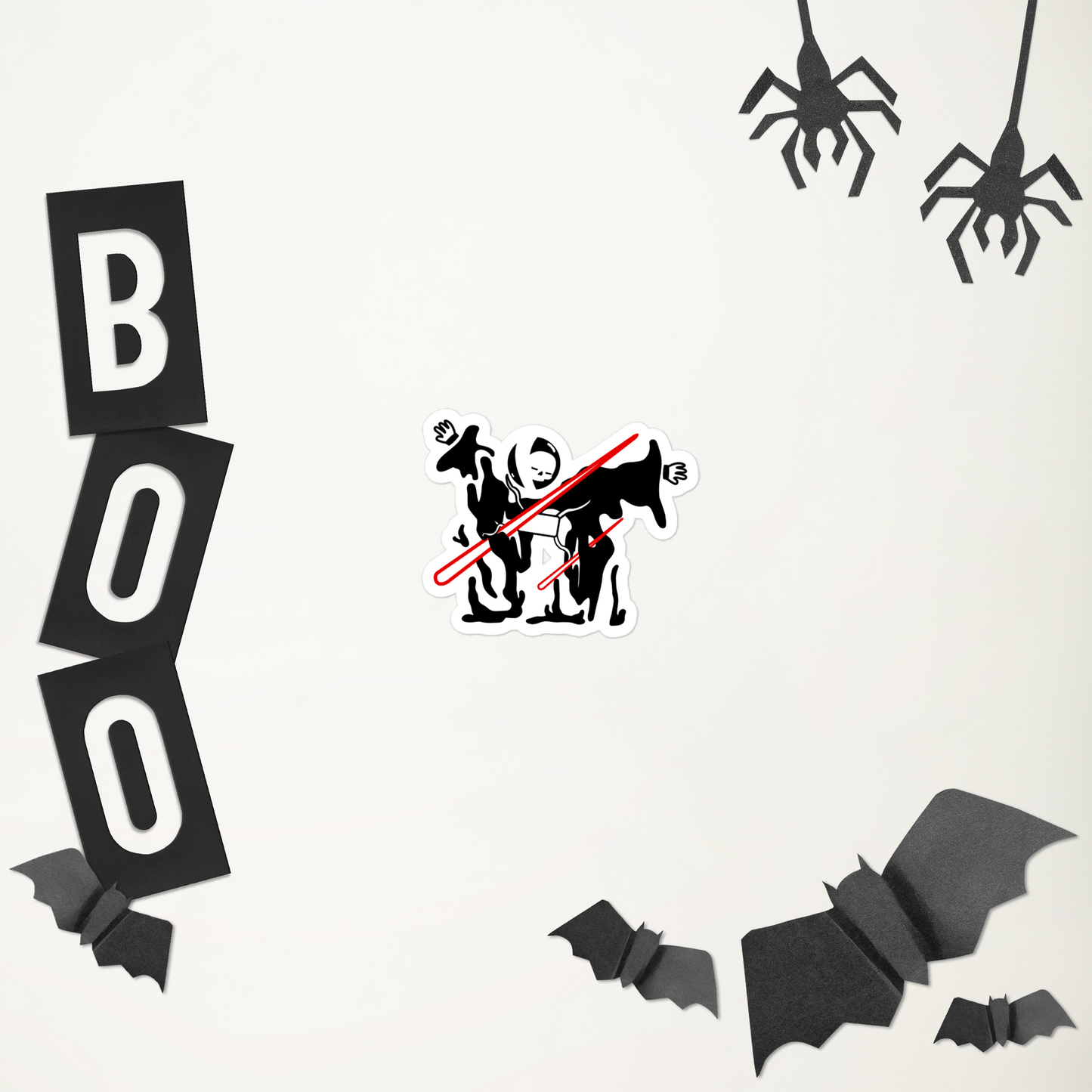Halloween-themed wall decal set with 'BOO' letters, bats, and spider decorations on a white background.
