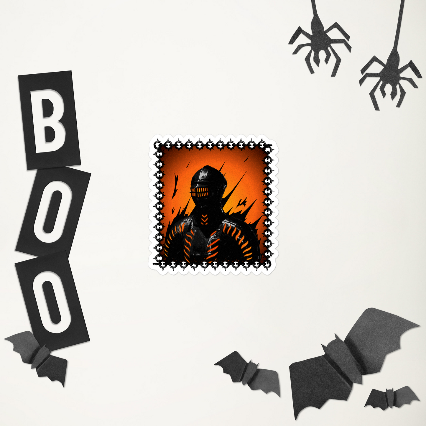 A stylized sticker of a knight in a helmet and armor with orange accents on a decorative border in front of a Halloween-themed decorations including a stamp design, 'BOO' letters, spiders, and bats on a white background.