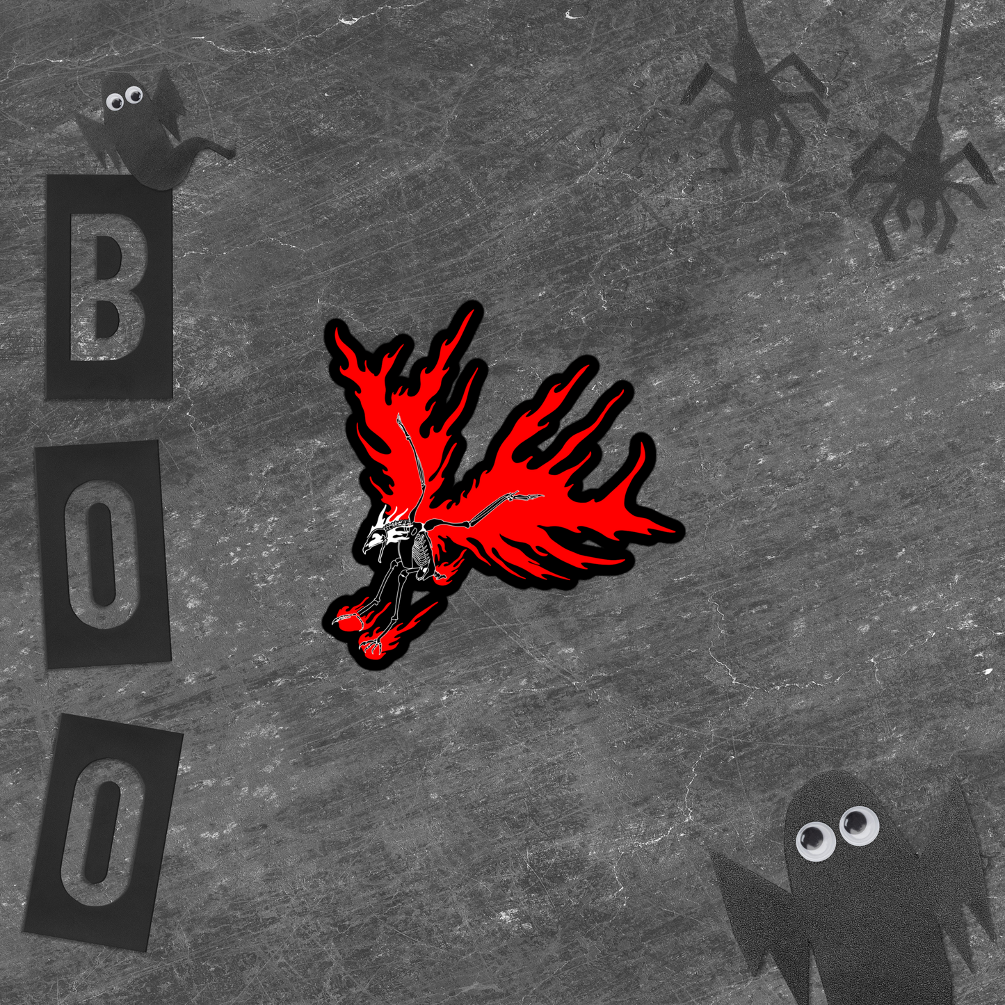Halloween-themed design with red skeletal eagle design, black 'BOO' letters, and small ghosts on a gray background.