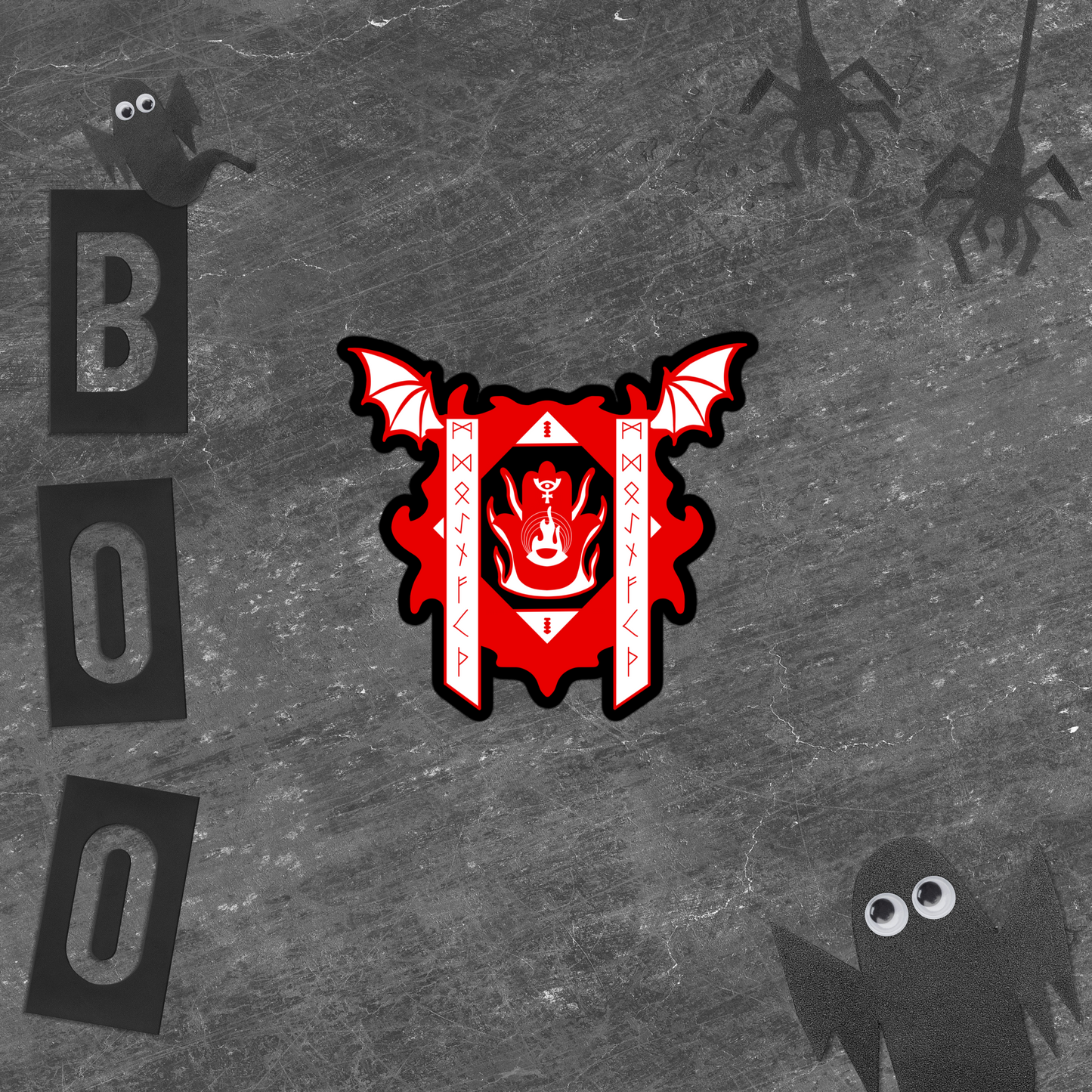 Halloween-themed design with red emblem, 'BOO' text, and ghost on a gray background.