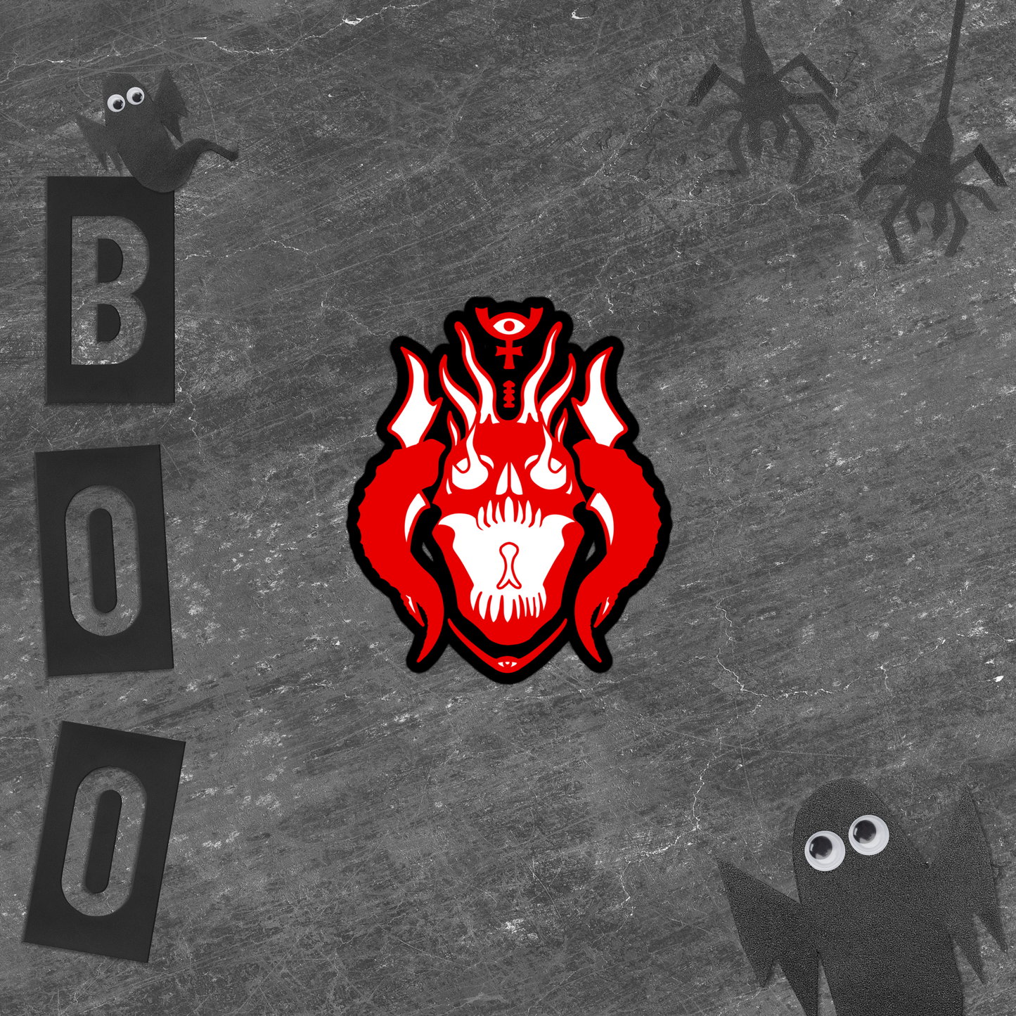Red demon skull design with flames on a gray background with 'BOO' letters and ghost silhouettes.