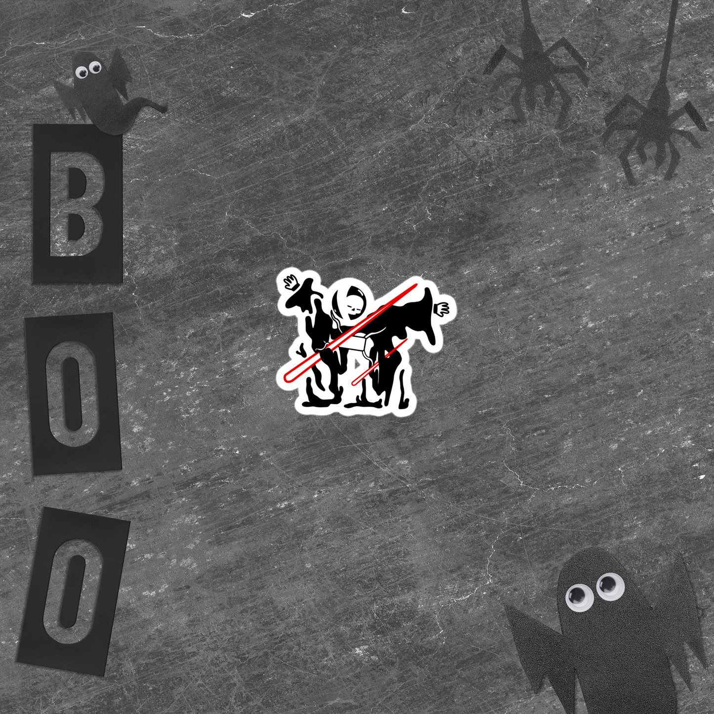 Black and white illustration of neorebellion mascot rob being pierced by a red laser on a white background, surrounded by Halloween-themed elements on a textured gray background.