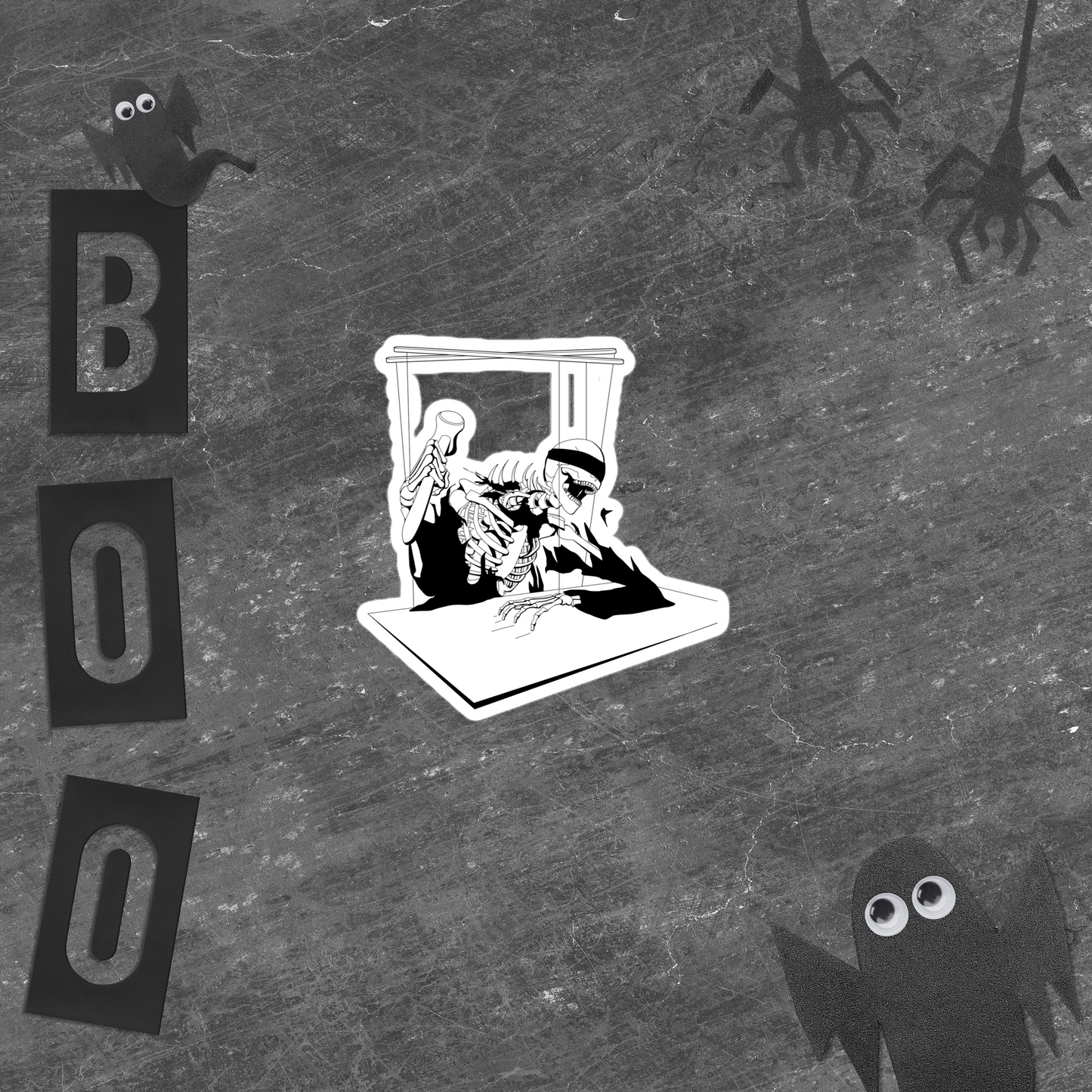 Black and white illustration of a skeleton banging a gavel with a blindfold on its head on puppet strings with 'BOO' letters and spooky creatures on a textured background.