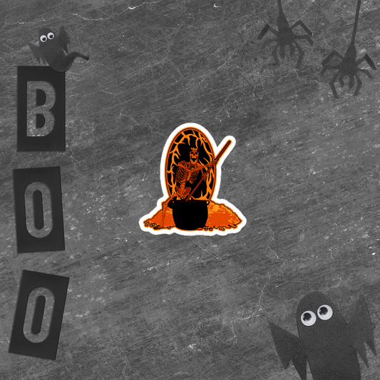 Halloween-themed skeletal figure with a staff and cauldron on an orange and black background sticker with ghost, spiders, and 'BOO' text on a gray background