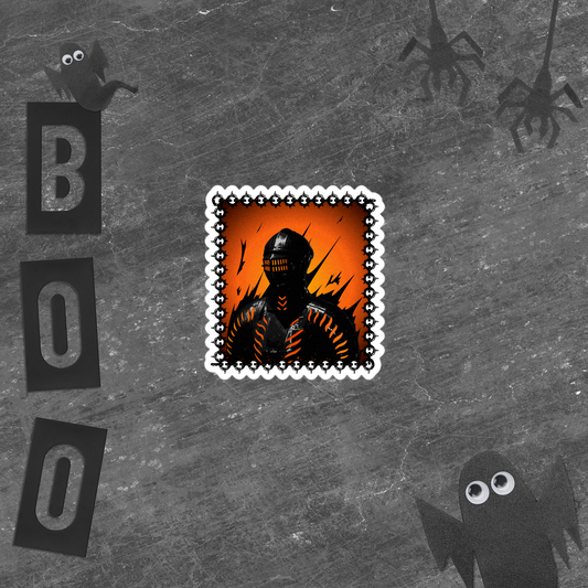 Stylized sticker of a knight in a helmet and armor with orange accents on a decorative border in front of a Halloween-themed design with a ghost, spiders, and the word 'BOO' on a textured background.
