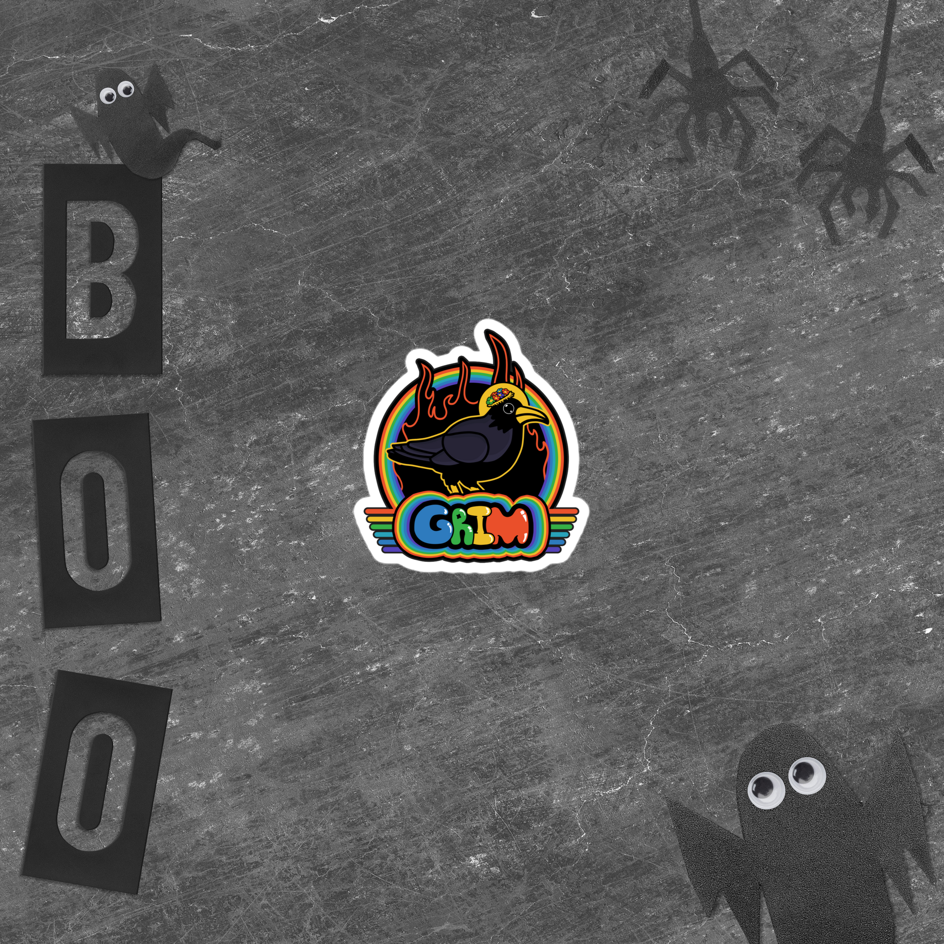 Colorful 'Grim' sticker on a textured gray background with 'BOO' letters and ghost silhouettes.