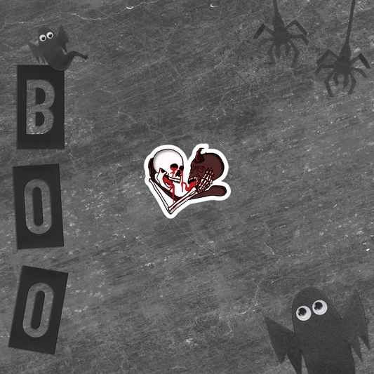 Halloween-themed sticker with a skull and demon design on a textured gray background with 'BOO' letters and ghost figures.