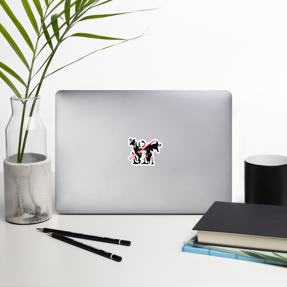 Laptop with a sticker of neorebellion mascot rob being pierced by a red laser on a white background on a desk with a plant, pencils, and books.