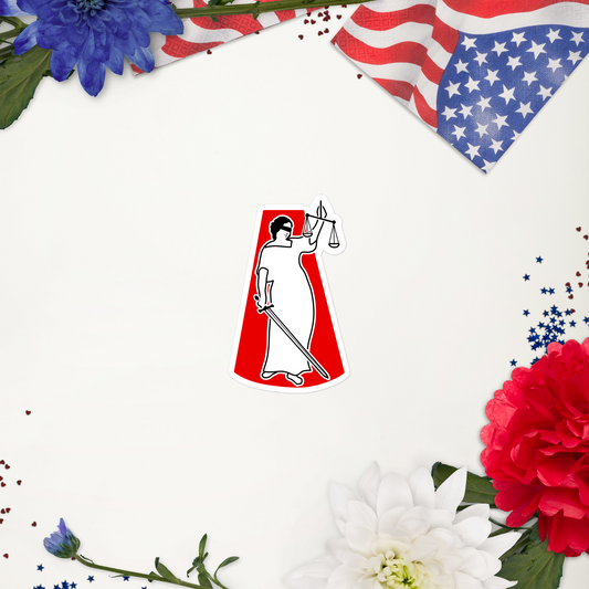 Sticker of a stylized lady justice figure holding a sword and scale on a red background with American flag, flowers, and a central emblem on a white background